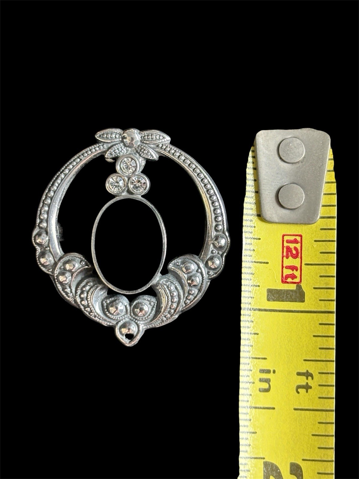 Vtg Reproduction Victorian Mourning Brooch Sterling Silver Black Onyx Rhinestone