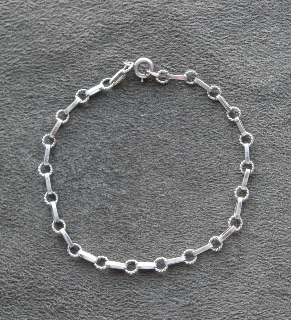 Dainty Textured Bar & Rope Link Chain Vtg 800 Silver Charm Bracelet 7.5″ ~ 2.5g
