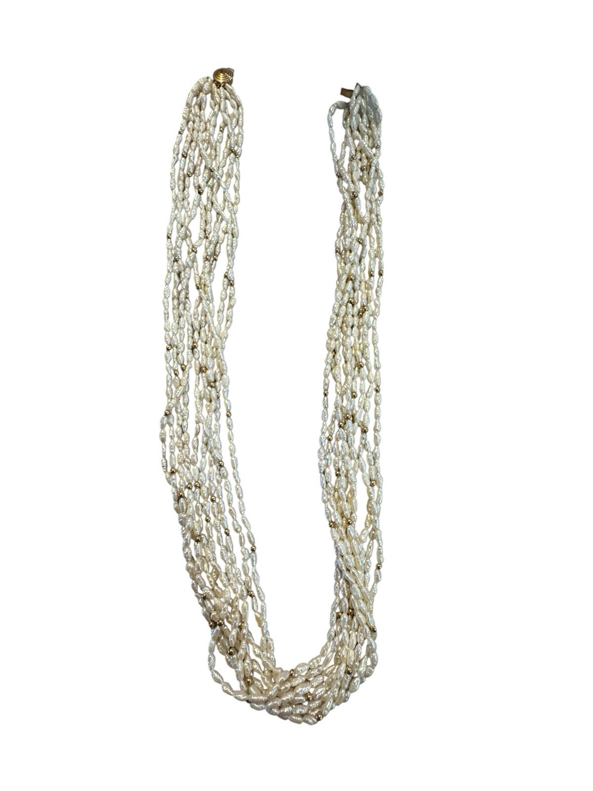 24” Multi-strand Freshwater Pearl 14k Gold Clasp Necklace Gold Beads 10 Strands