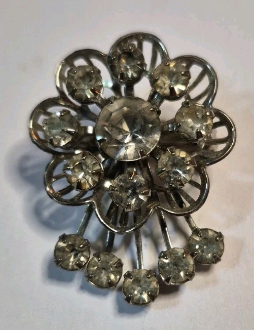 Vintage 1950s Clear Rhinestone Starburst Waterfall Wreath Brooch Pin Bridal