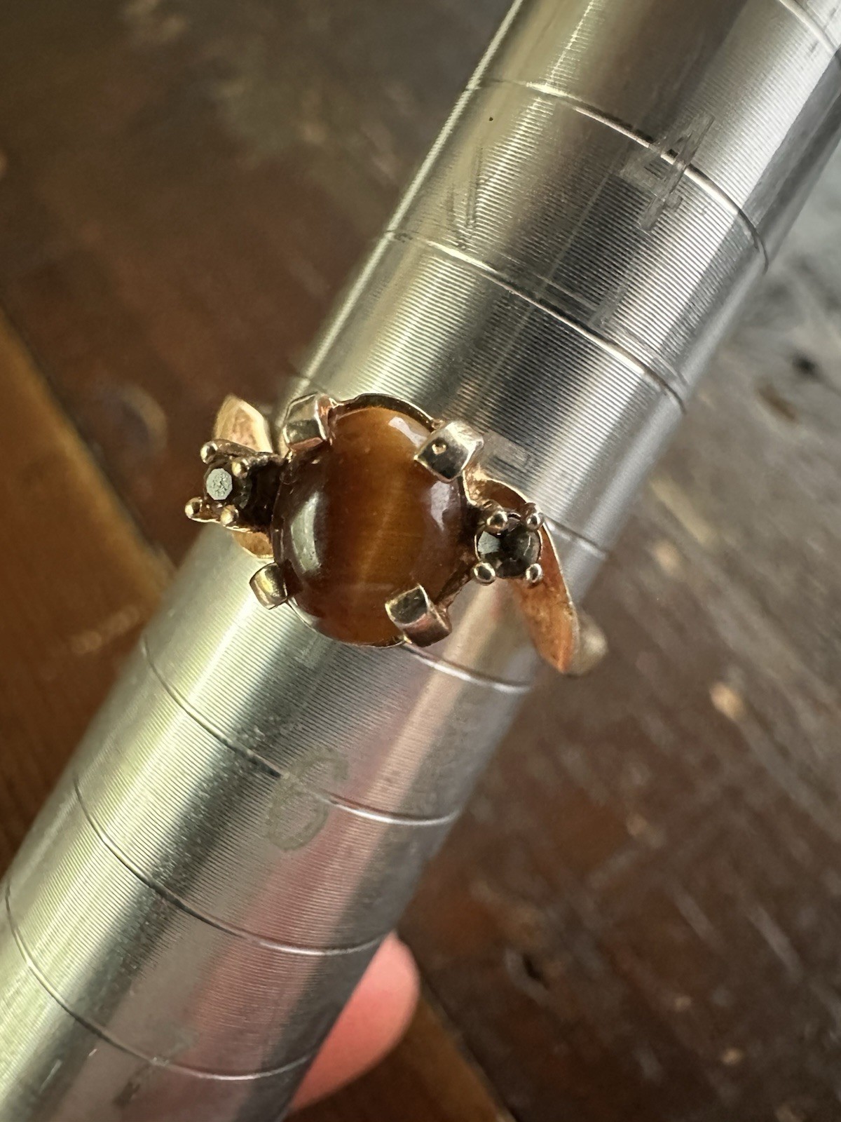 Vintage Joseph Esposito Tiger Eye Ring Size 5 Gold Tone Signed Statement Ring