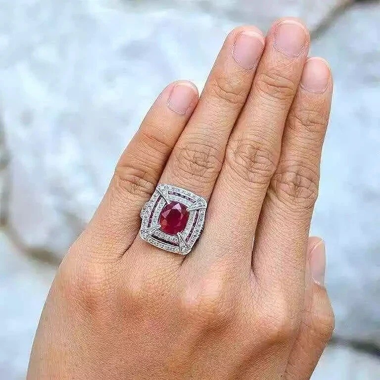 5.54Ct Art Deco Vintage Lab Created Ruby Wedding 14K White Gold FN Cocktail Ring