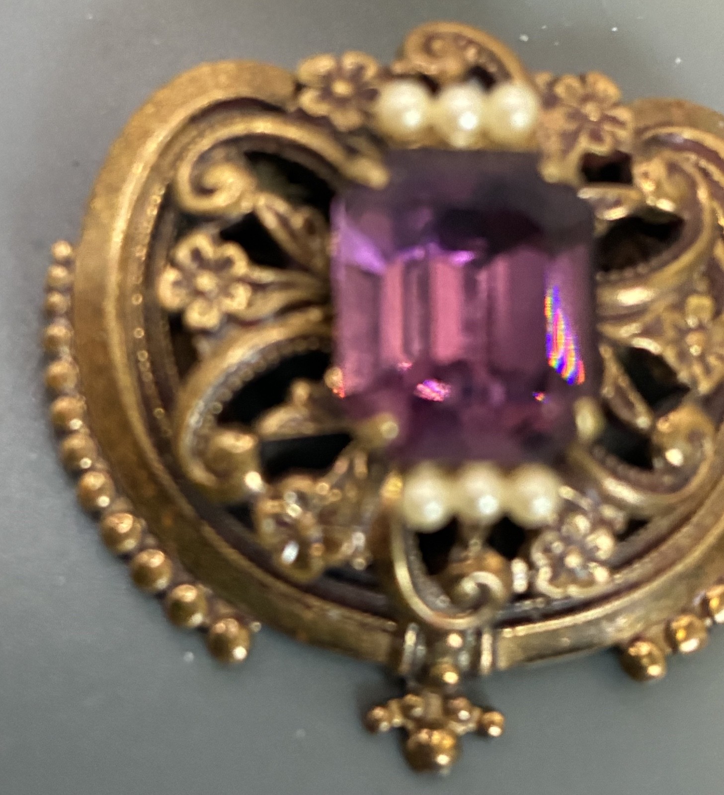 Victorian Era Multi Faceted Simulated Amethyst and Pearl Heart Shaped Brooch