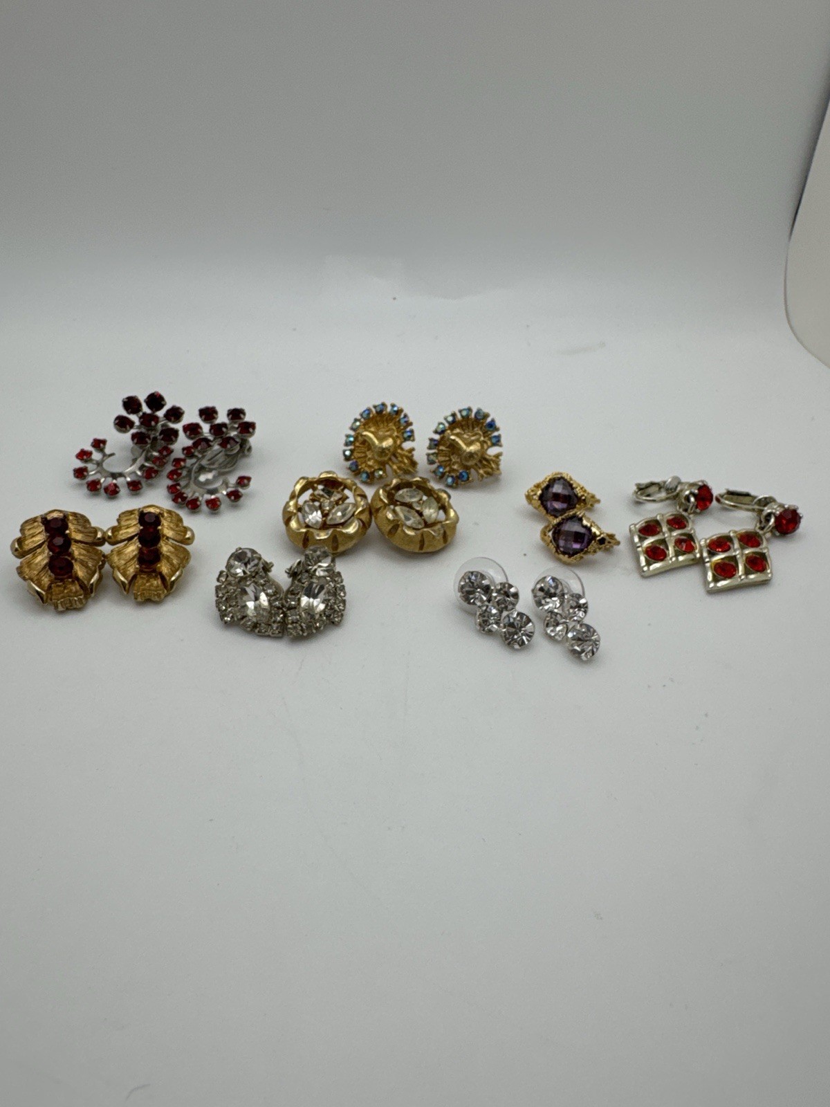 Vintage Clip On Earrings Lot Rhinestone Gold Tone Red Clear Estate Jewelry
