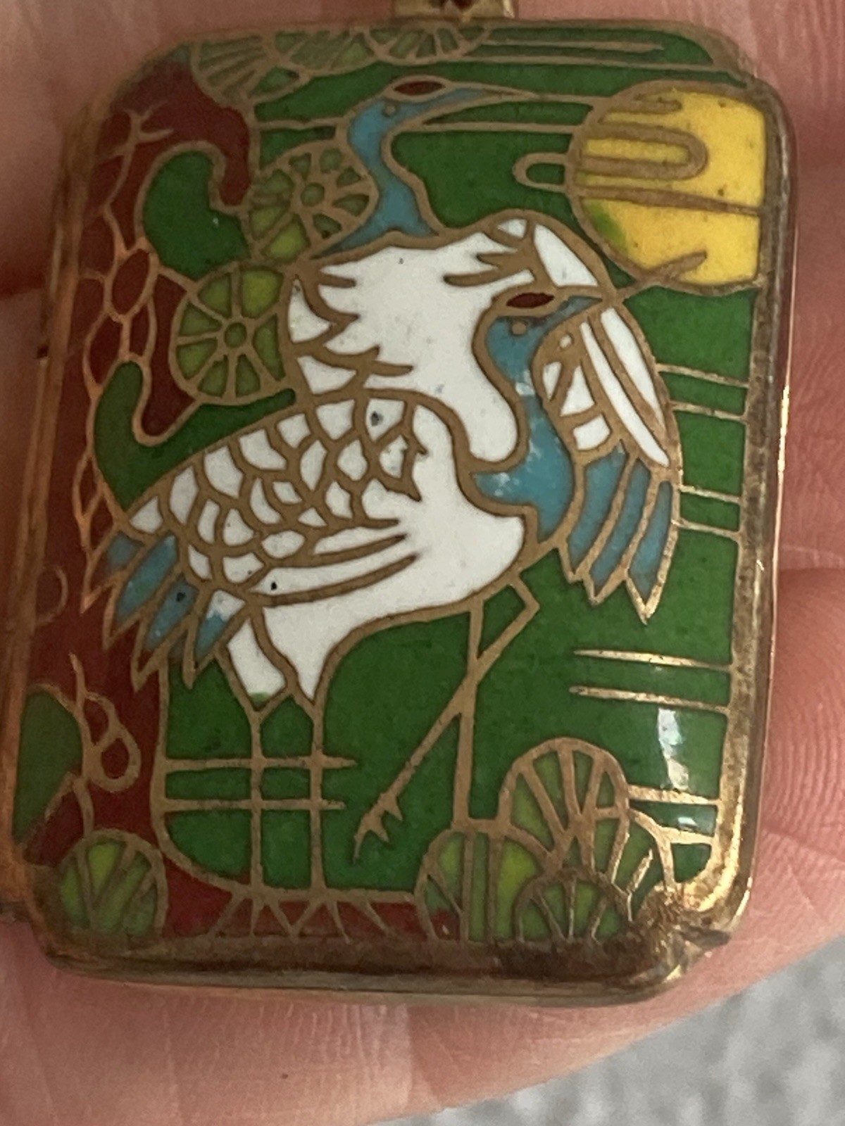 vintage cloisonne Locket Pendant trinket container necklace Stork Charm Heavy