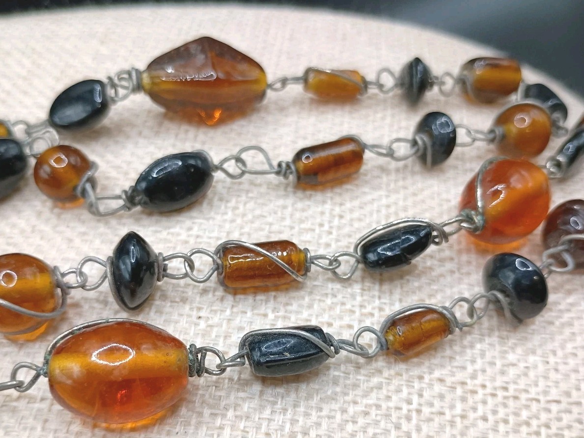 Antique Czech Glass Beaded Necklace Golden Brown Wire Wrapped Hand Made 30″