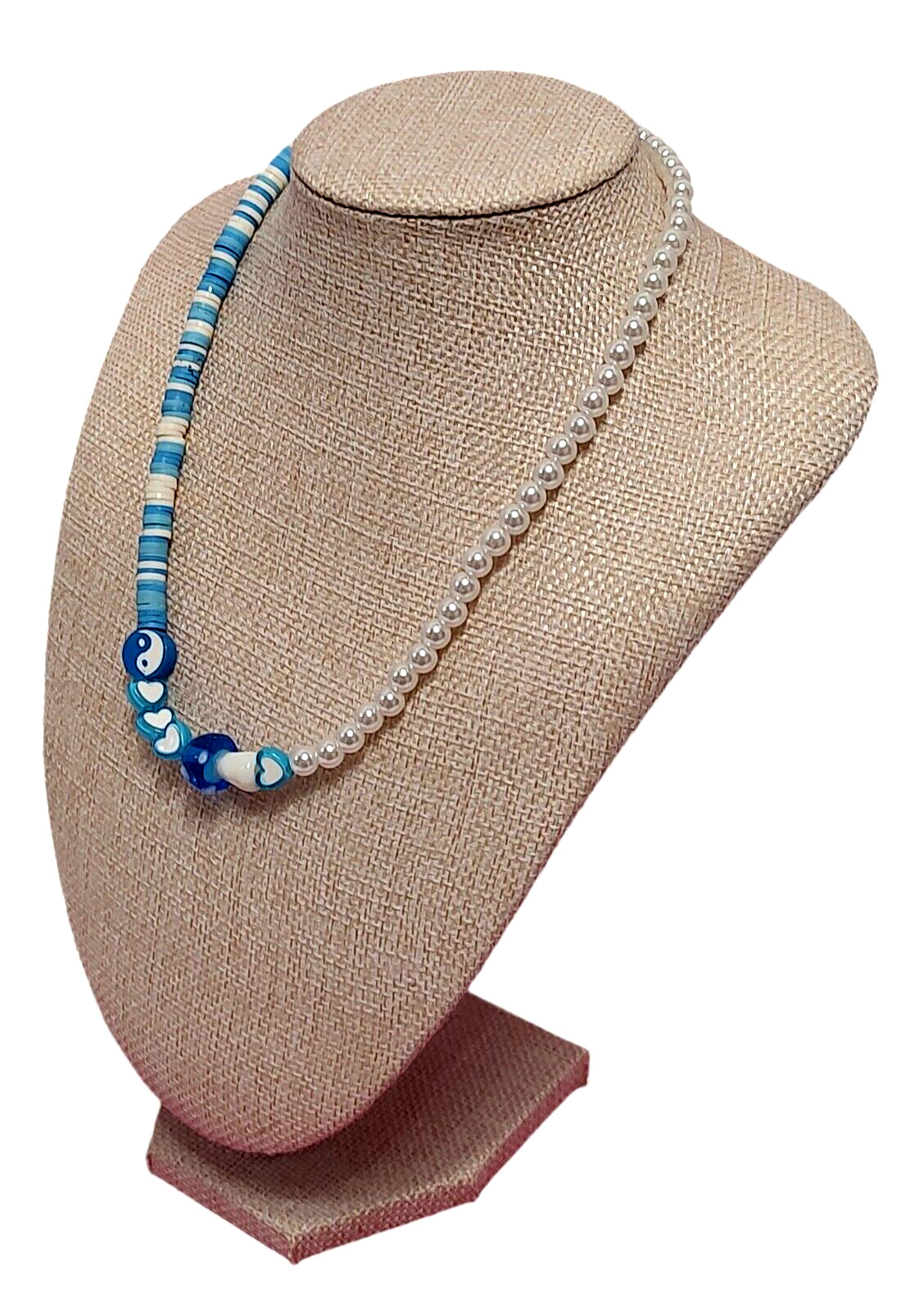 Yin Yang Blue White Beaded Simple Mushroom Everyday Statement Necklace 20″