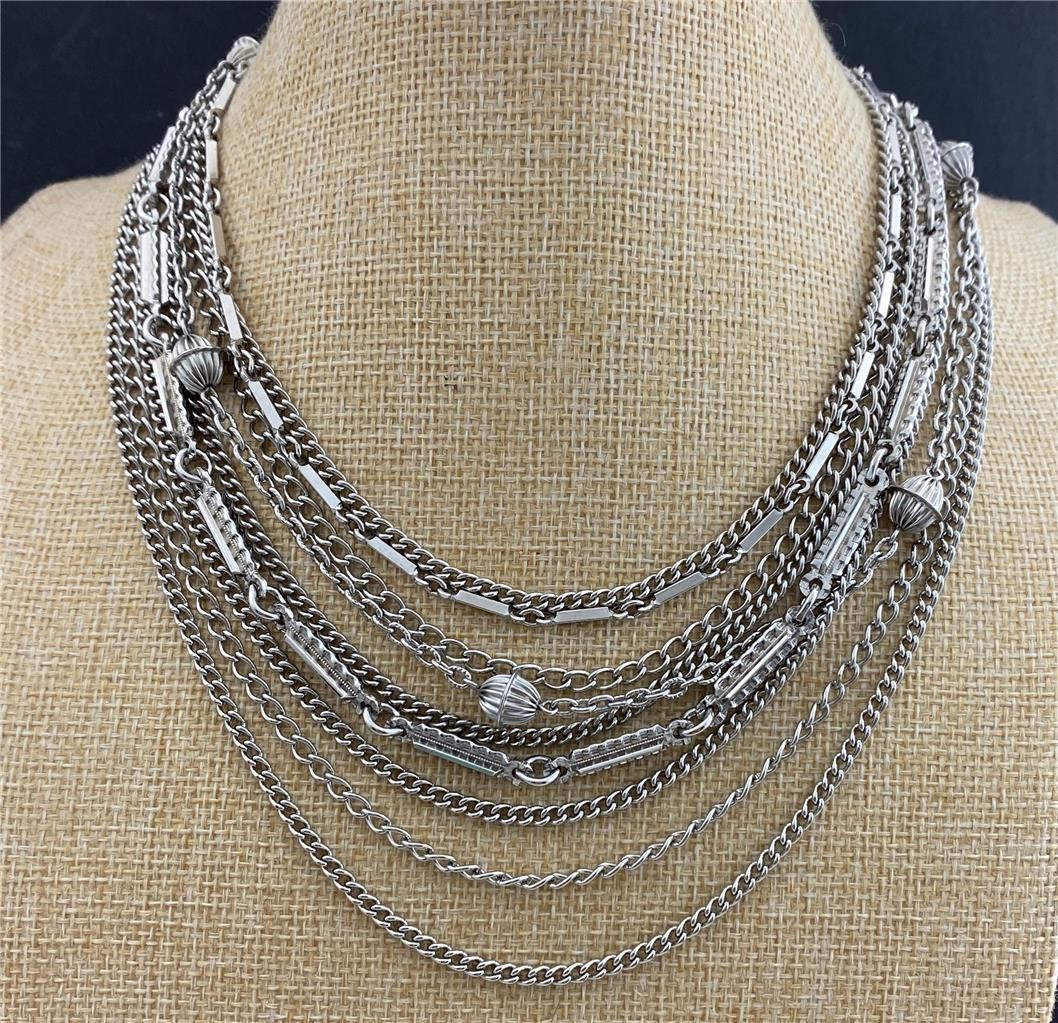 Vintage Silver Tone Multi-Chain Statement Necklace with Hook Clasp 19″ Long