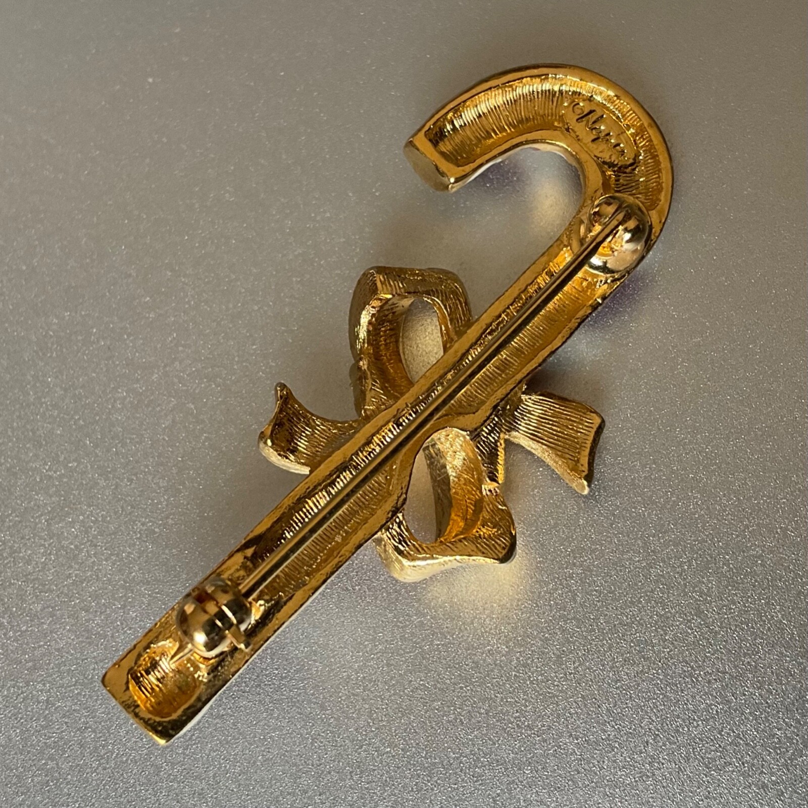 Vintage Napier Christmas Candy Cane Pin with Bow Gold Tone & Enamel
