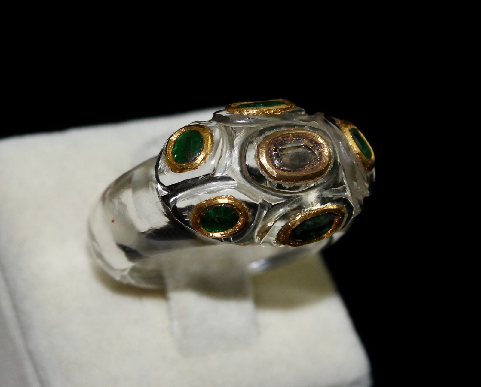 Natural Diamond Crystal Quartz Emerald 22k Gold Ethnic Ring 10ct Fashion Women