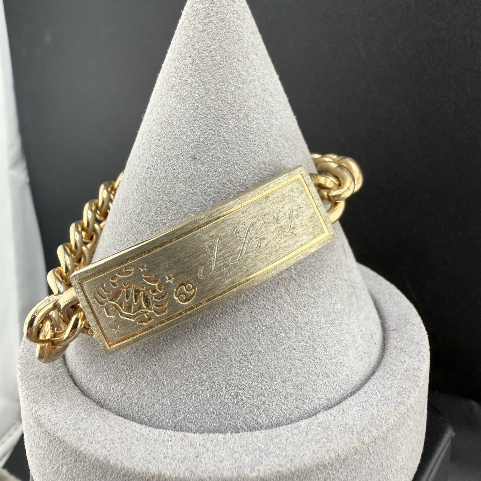 Vintage ID Bracelet Gold Tone Zodiac Horoscope Cancer Engraved 7”