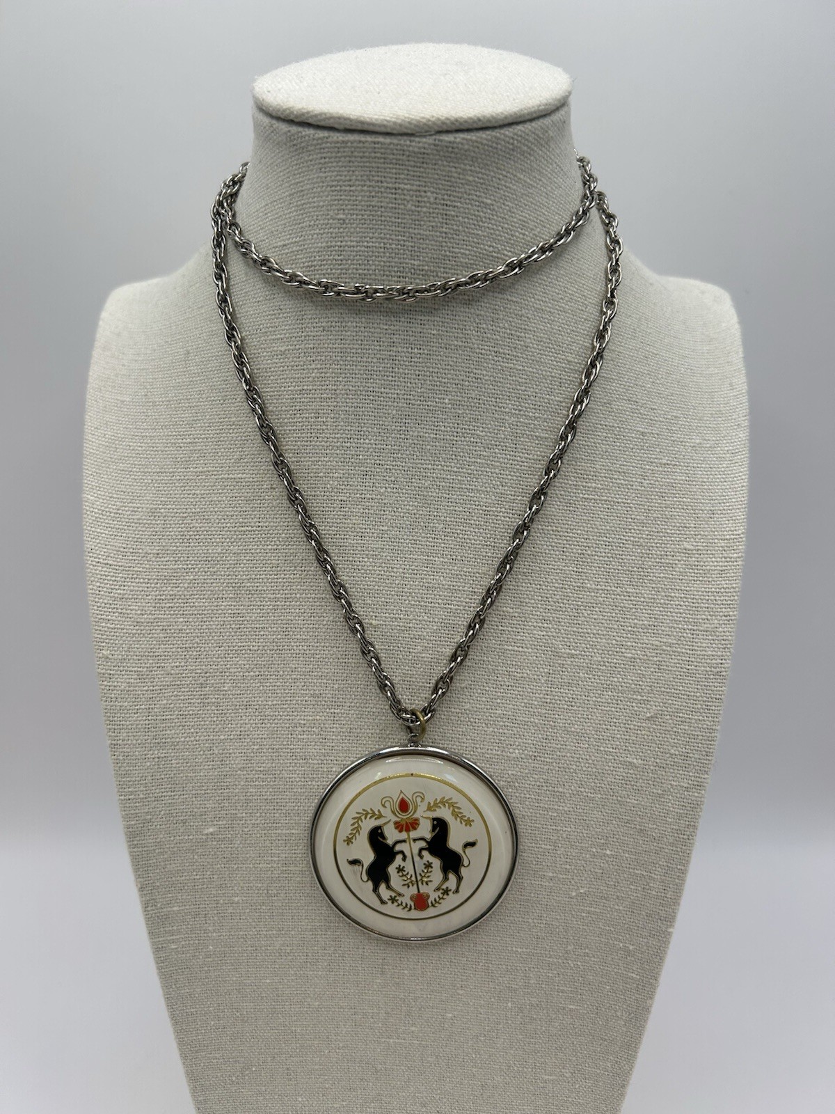 Vintage Pennsylvania Dutch Hex Sign Unicorn Pendant Necklace Folk Art Medallion