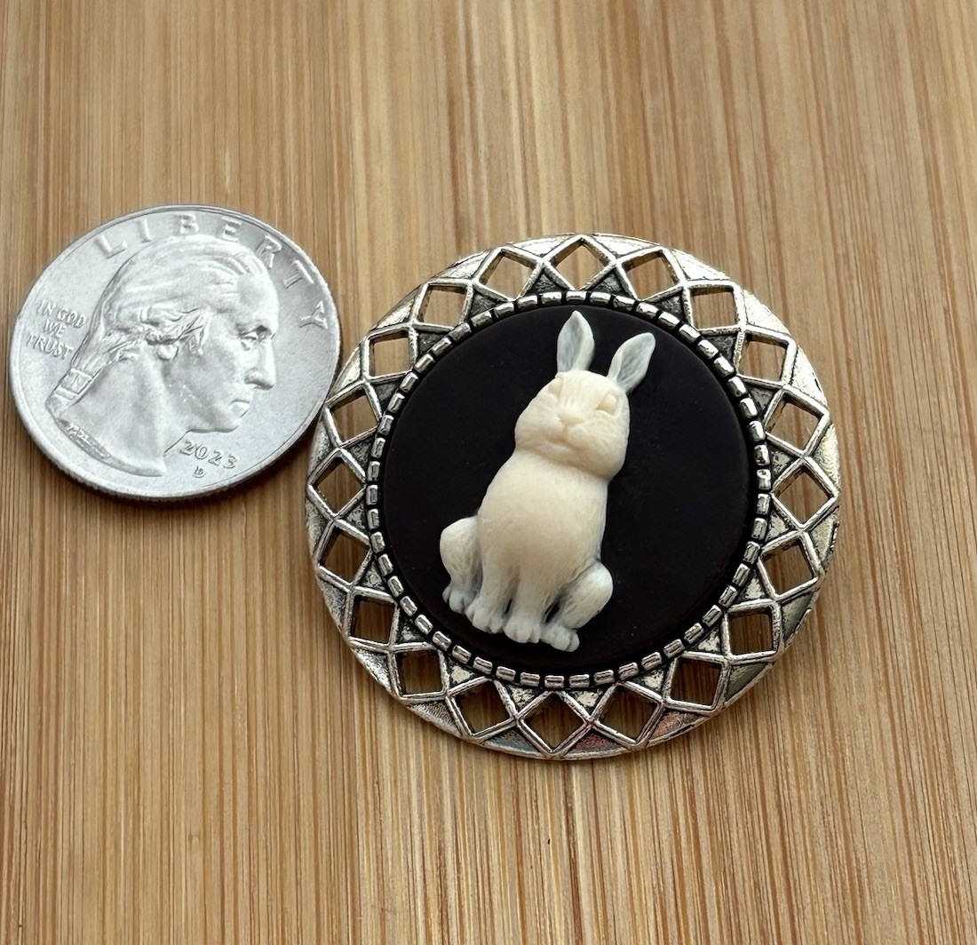Bunny Rabbit Cameo Brooch Pin, Silver Vintage Style Pin, Cream/Dark Brown