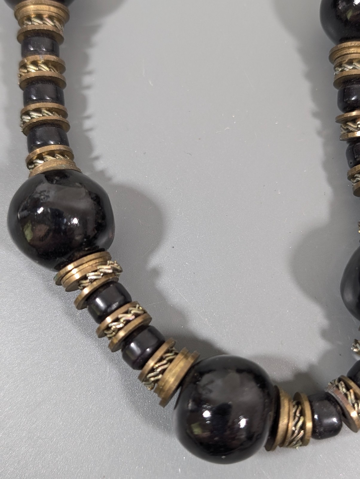 Vintage Black Ceramic Necklace Chunky Beads Bronze Tone Statement Tribal 25 in