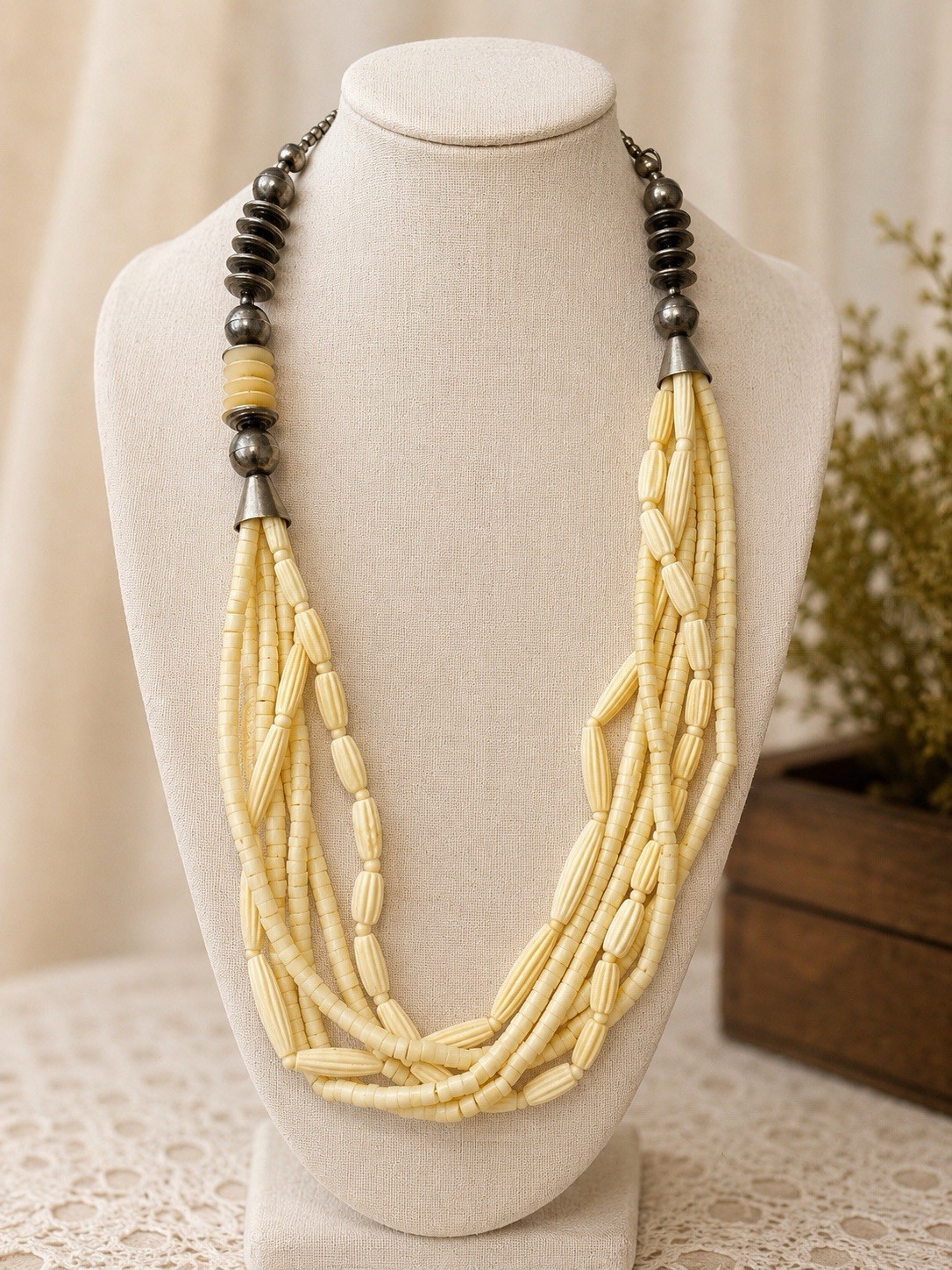 Vintage 1970s Boho Multi Strand Faux Bone Lucite Bead Statement Necklace 24”