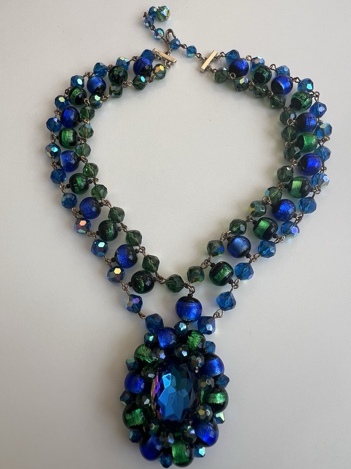 GORGEOUS VTG STATEMENT DESIGNER NECKLACE VENETIAN FOILED BLUE/GREEN GLASS BEADS