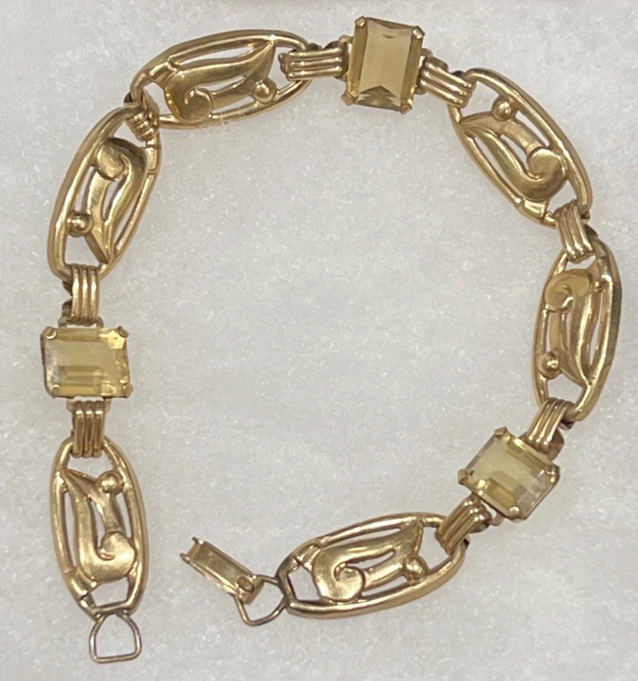 Vintage 1/20th 12K Gold Filled Link Bracelet w Yellow Stones—8.25” Long
