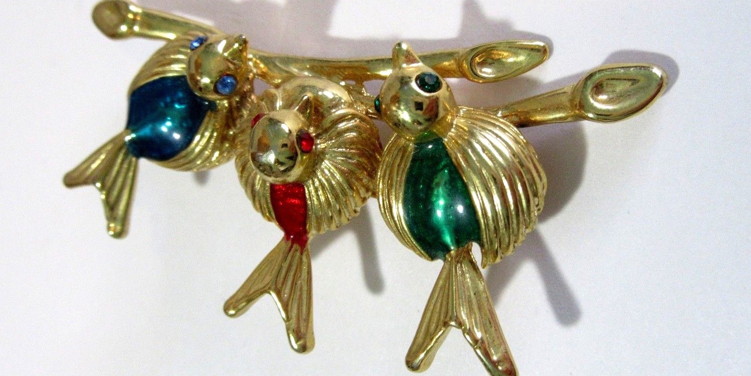 PRETTY TRIO THREE BIRDS ON A BRANCH RED GREEN BLUE ACRYLIC SIGNED FIGURAL NLH