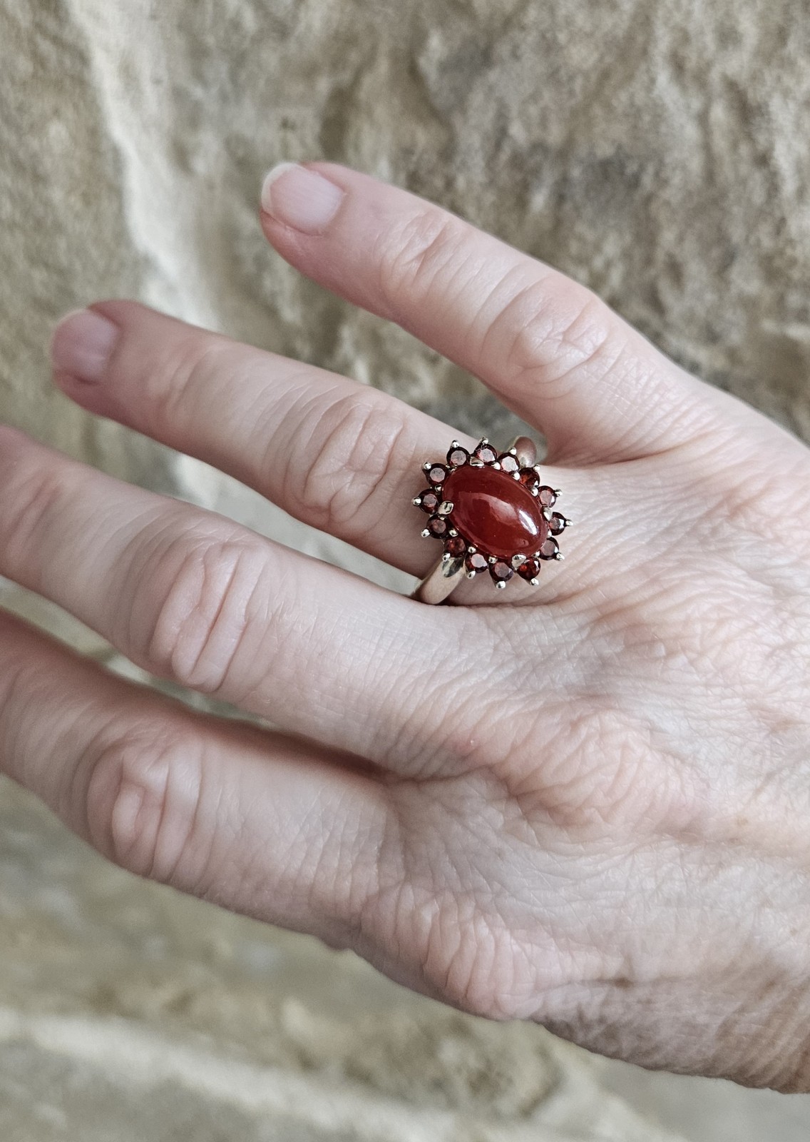 Orange Jade 12 mm Cabochon with Garnets .925 Sterling Silver Ring size 6.75