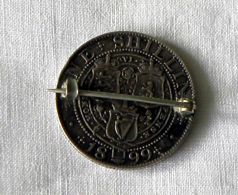 Antique Victorian Great Britain 1899 Sterling Silver Shilling Coin Pin Brooch