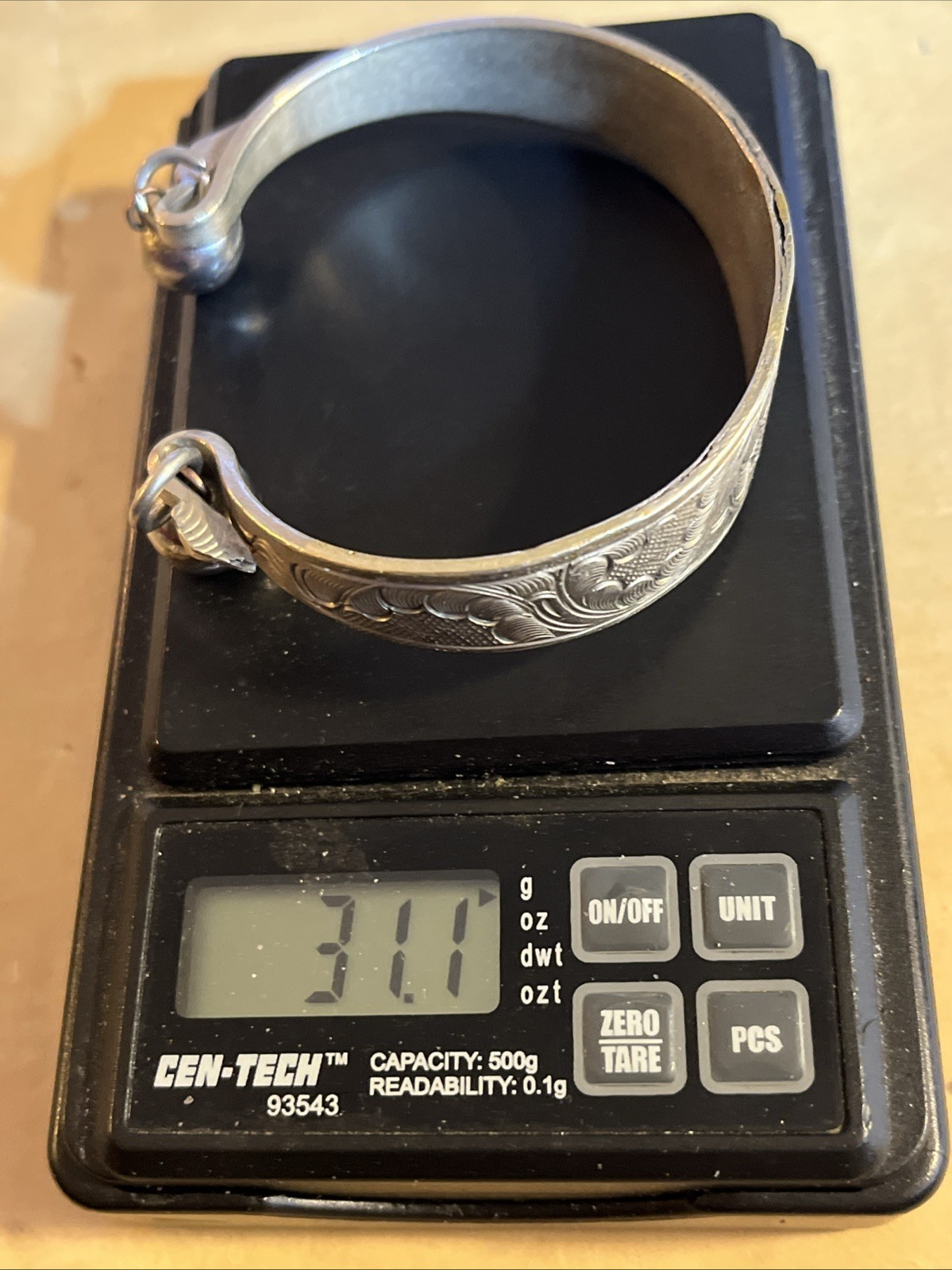 Vtg Unusual Engraved Fish & Waves Design Silver Cuff Bracelet Turn Tail Tips