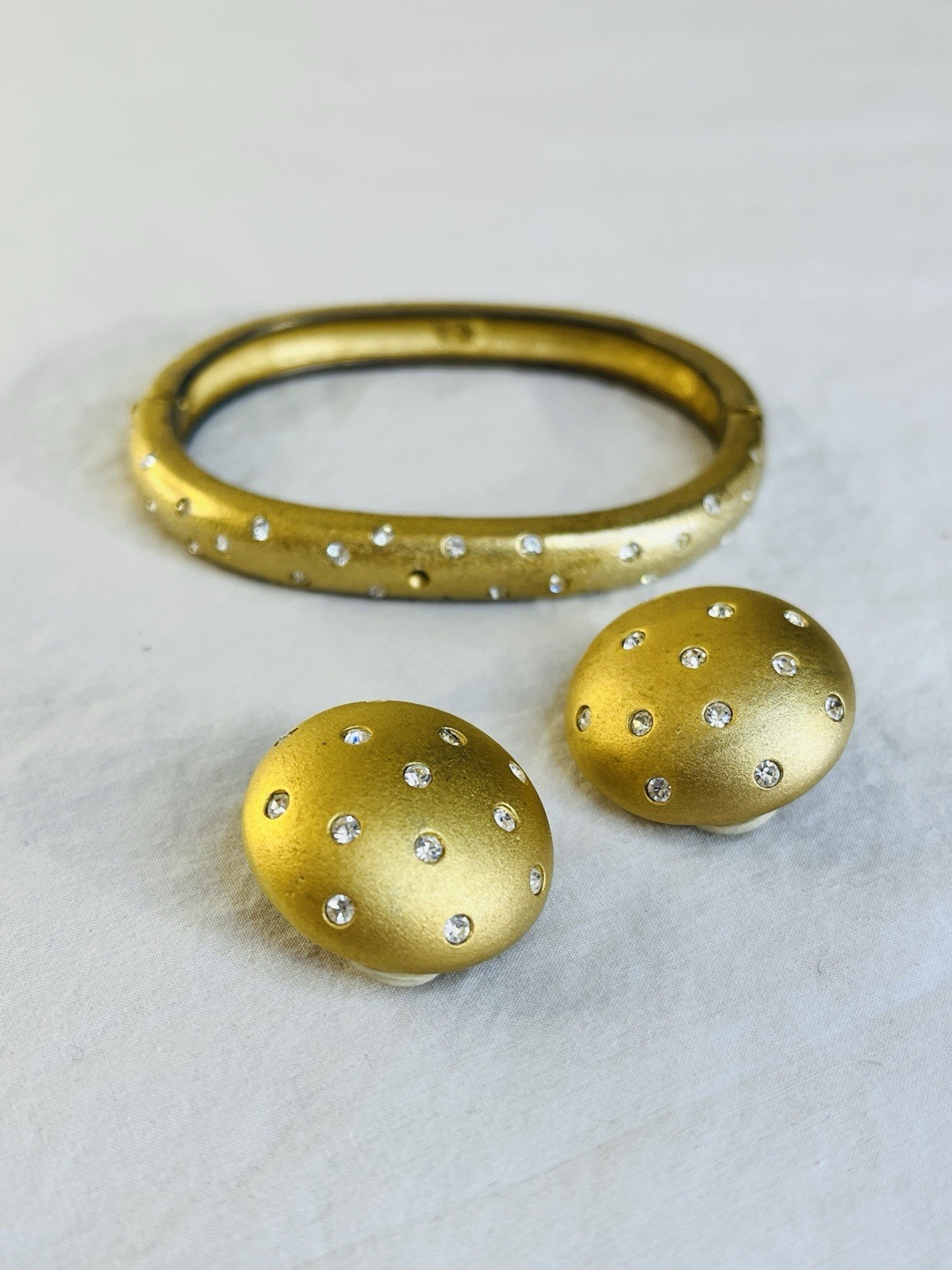 Vintage Swarovski Set Bracelet and Clip Earrings Matte Gold Tone Polka Dots