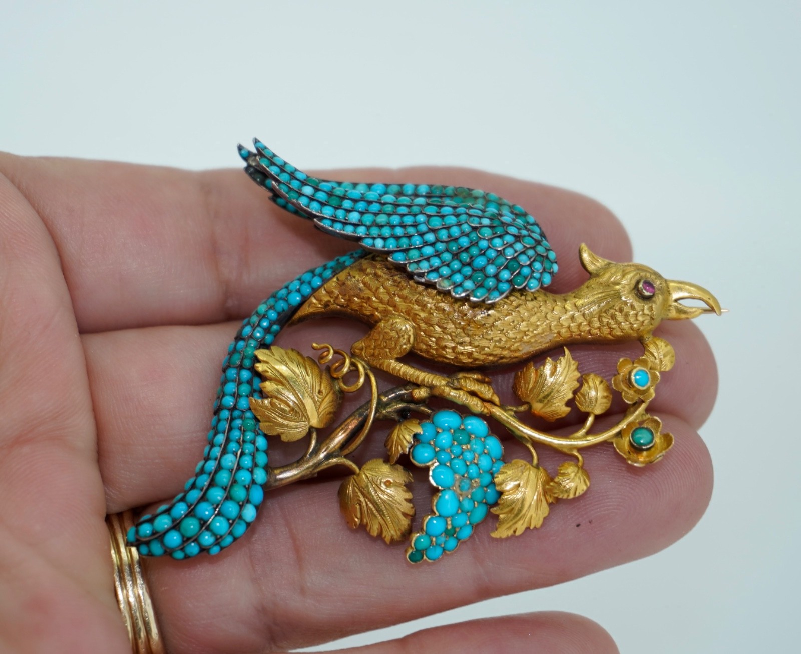 Antique 18K Pave Turquoise & Ruby French Bird Brooch