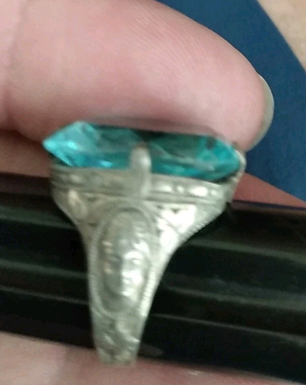 Antique Art Deco Sterling Silver Ring Czech blue Glass Size 5 1/2