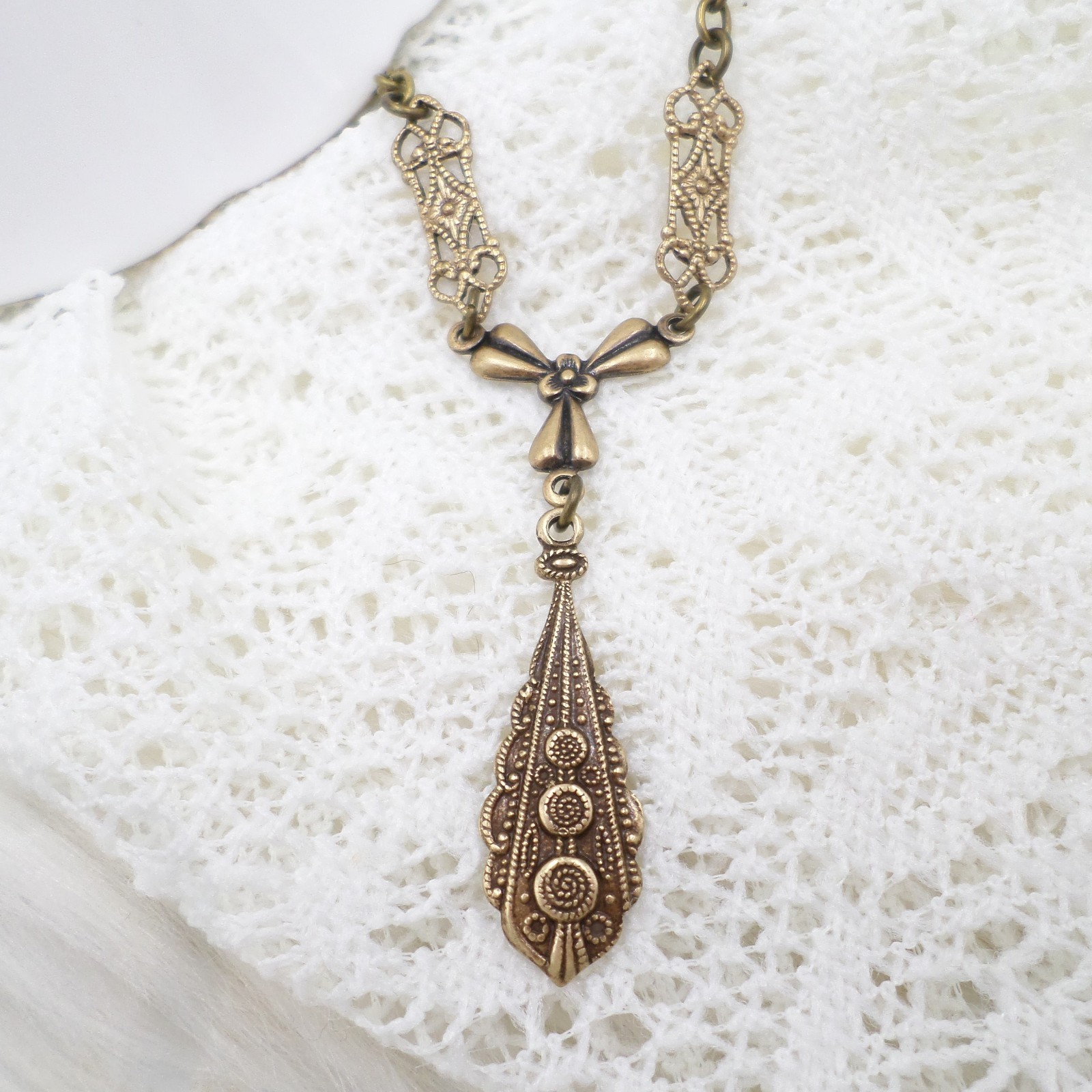 Victorian Style Brass Filigree Charm Necklace: Handmade Bow & Teardrop Jewelry