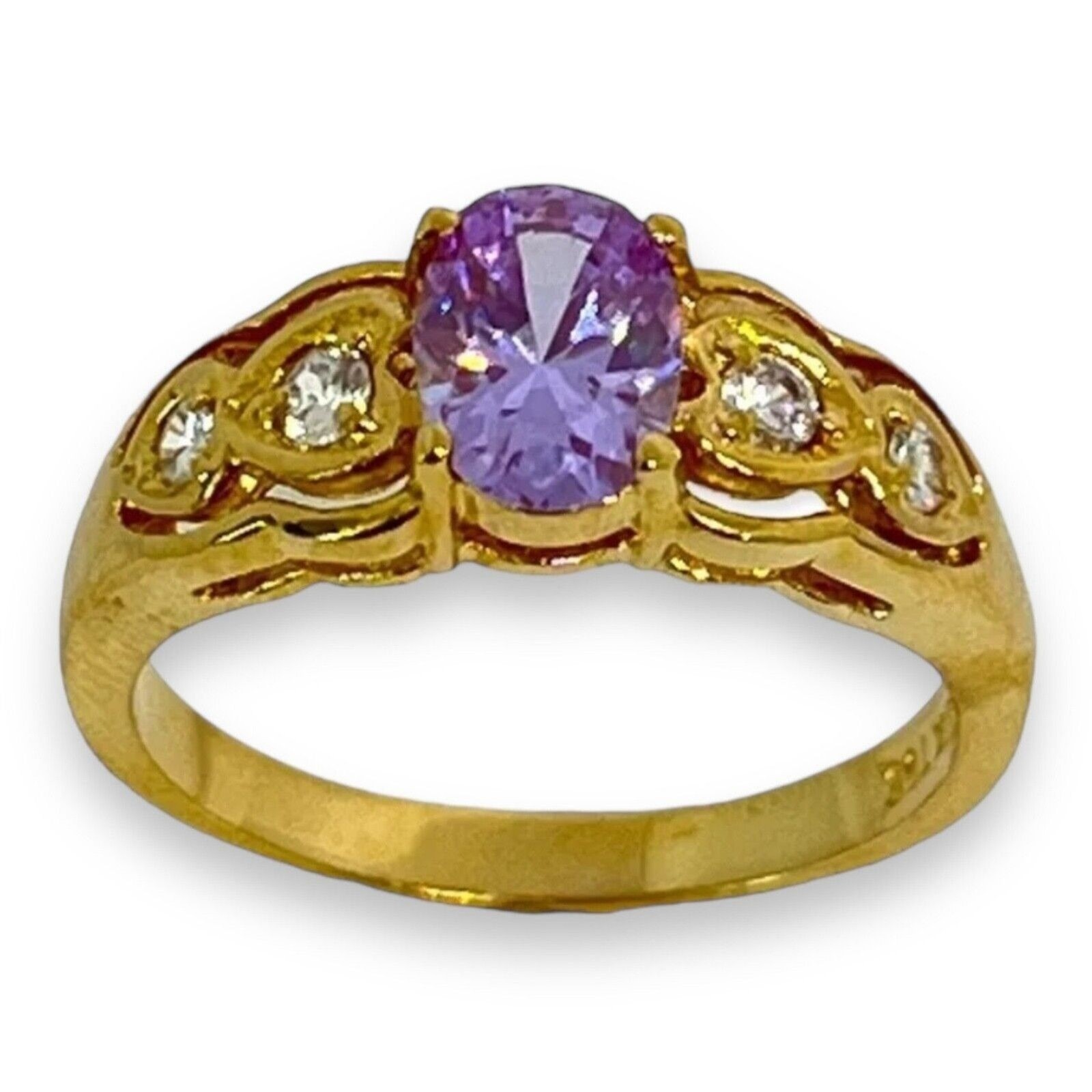 Vintage 1980s Ring Size 4 Lavender CZ Prong Set Gold Plated Band – 14J