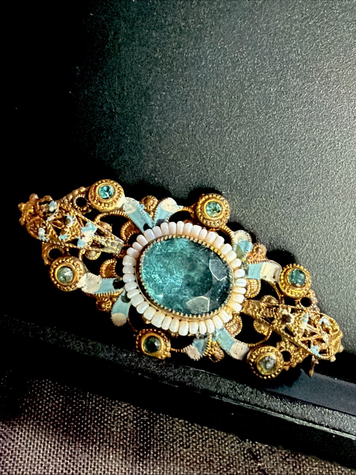 Antique Signed Czechoslov White Beads Enamel Brooch Blue Glass Stone Pin