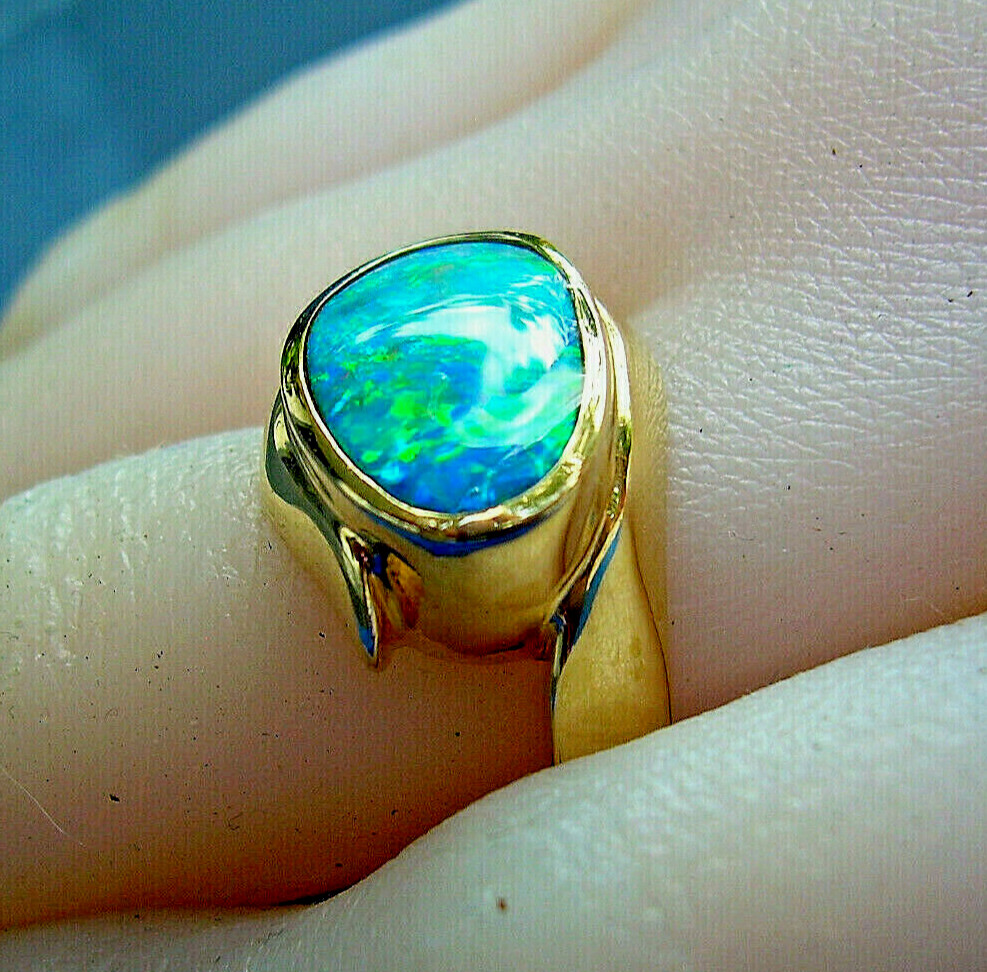 Original EARTH MINED Black OPAL Deco Ring Designer Hand made SOLID 14K GOLD 6.25