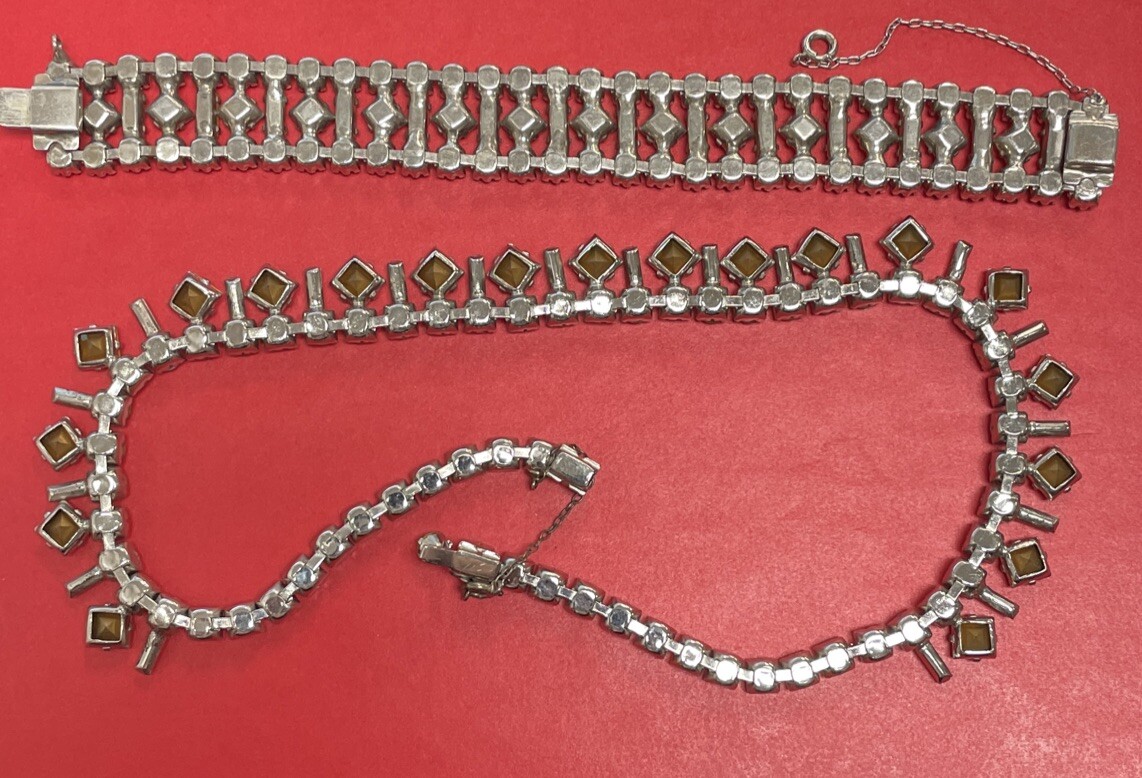 VINTAGE UNSIGNED SILVER TONE RHINESTONE BAGUETTE BRACELET NECKLACE *SEE DETAILS*
