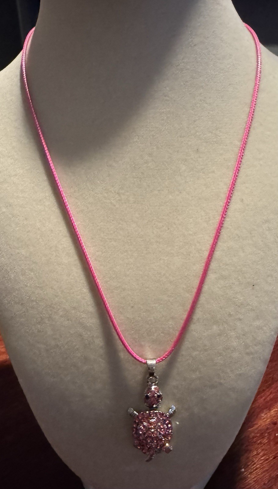 Vintage Silvertone & Pink Rhinestone Turtle Pendant On Pink Cord Necklace 16”