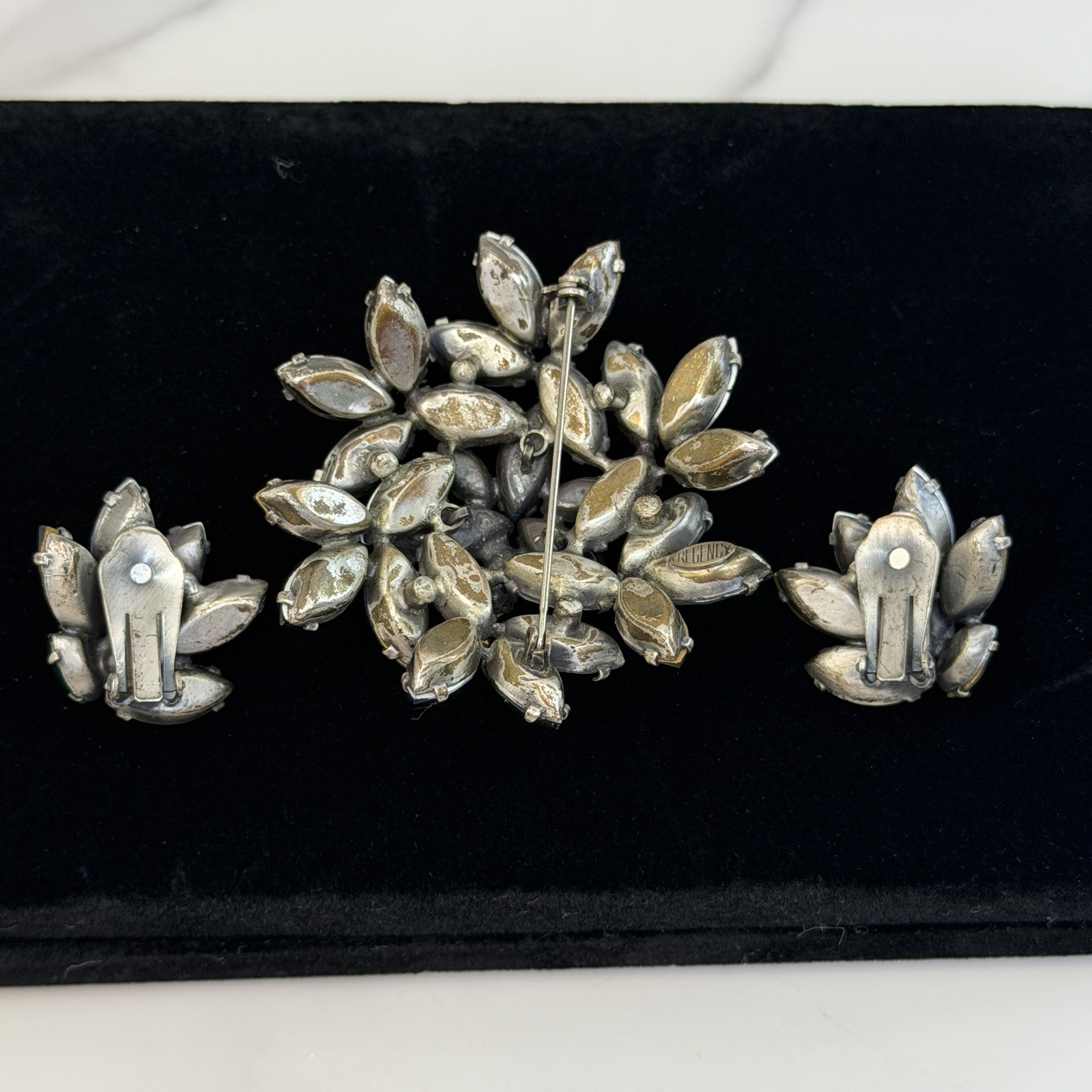 Signed REGENCY Electric Blue/Green Swirl AB Rhinestone Brooch/Earring Vtg Set