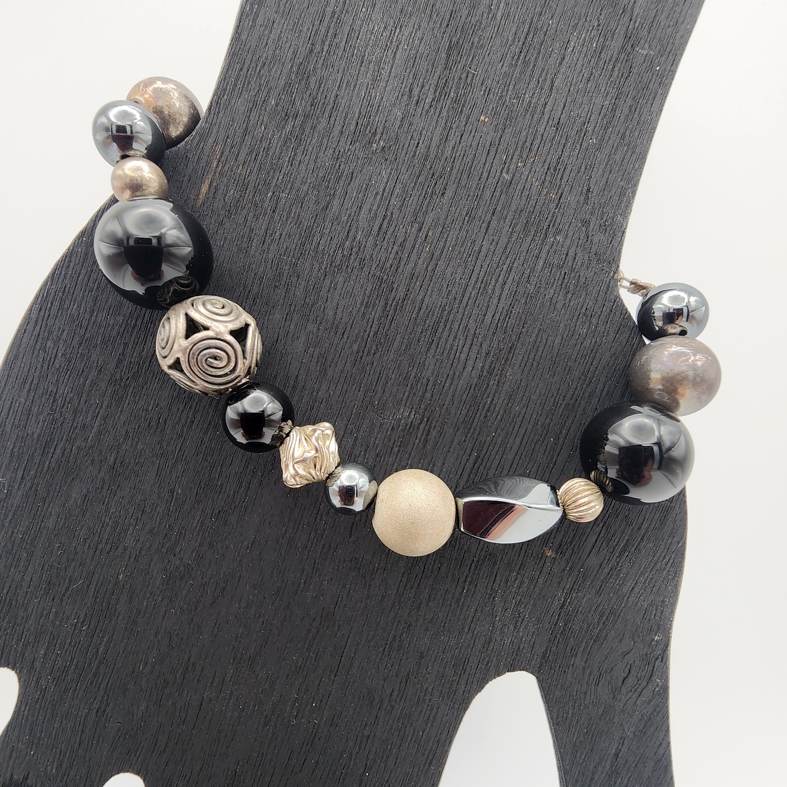 VTG 925 Silver Mixed Bead Hematite Onyx Bracelet 6.75″ Black Boho GUC