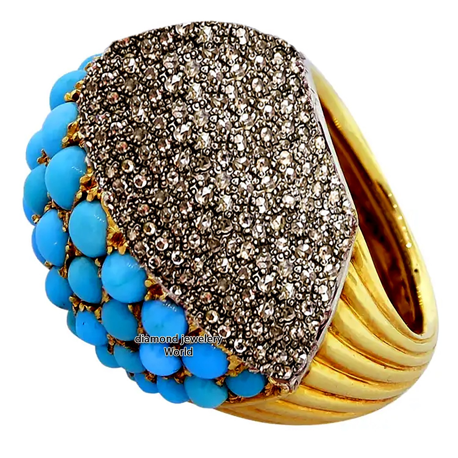 3.71ct Rose Cut Diamond Turquoise Studded Silver Victorian Gorgeous Ring Jewelry