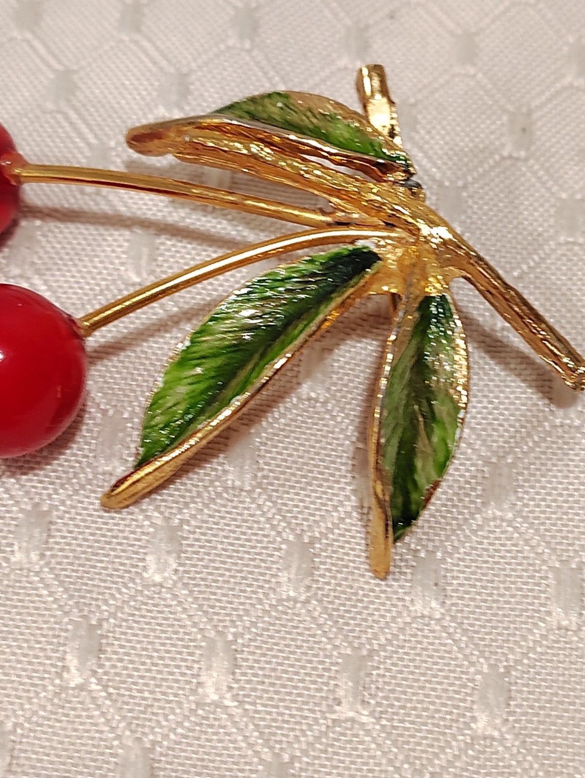 Vintage Enamel Cherry Berry Red Gold Green Leaves Branch Brooch Pin 2.5″ Long