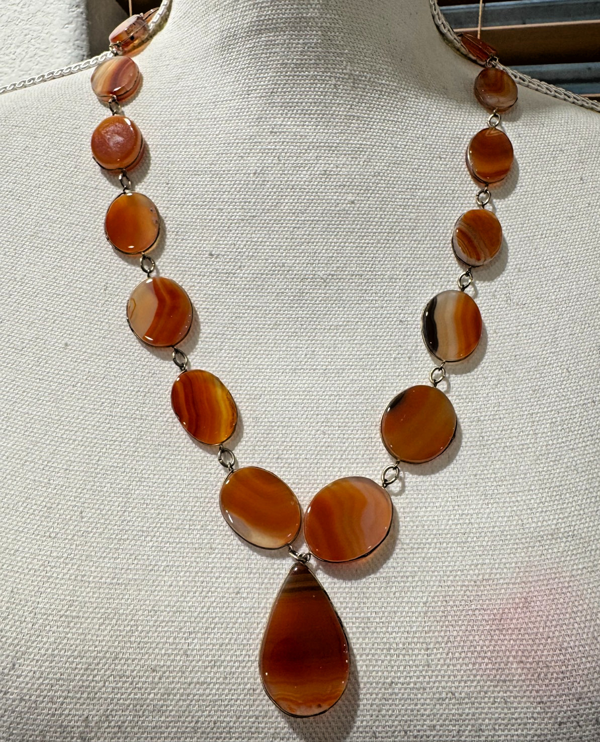 Vtg Polished Tumbled Agate Necklace Orange Brown 26″ Link 1960s 70s Boho Natural