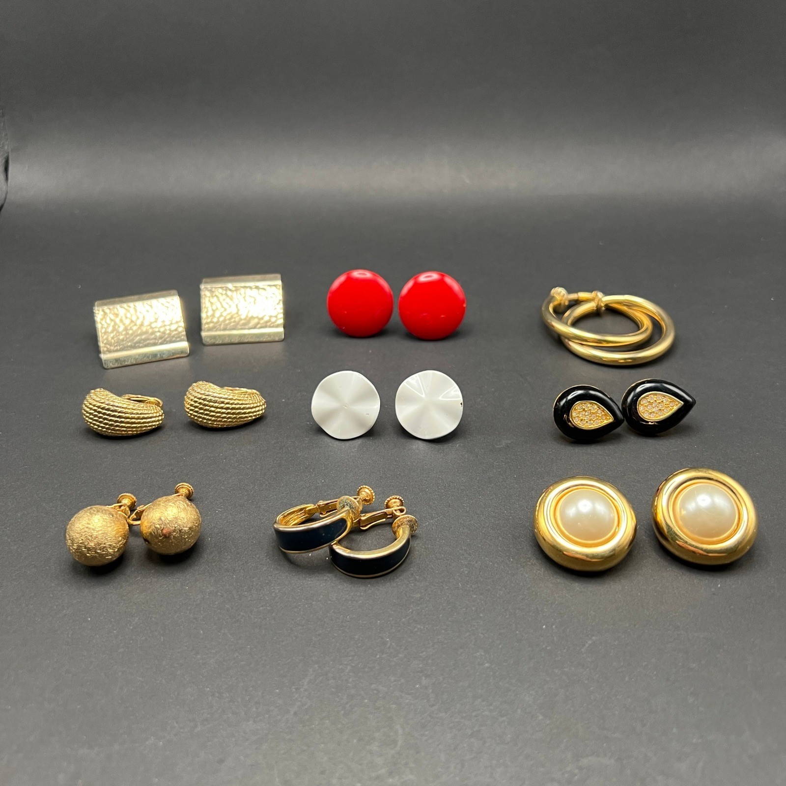 Vintage Clip On Earrings Lot of 9 Gold Tone Enamel Napier Crown Trifari
