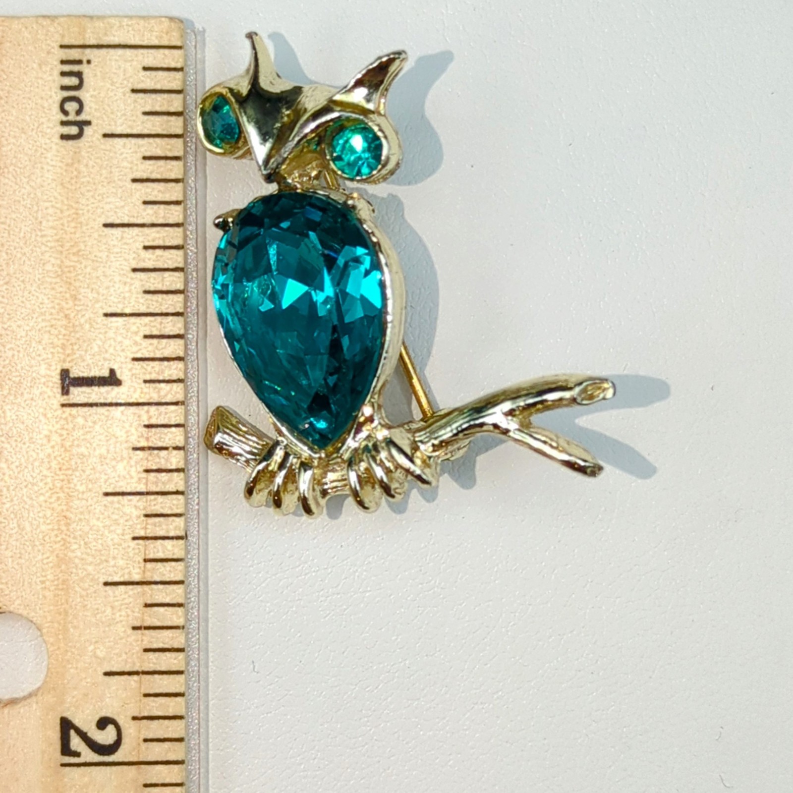 Brooch Pin Vintage Cerulean Blue Rhinestone Owl Bird Branch Animal Dodds Signed
