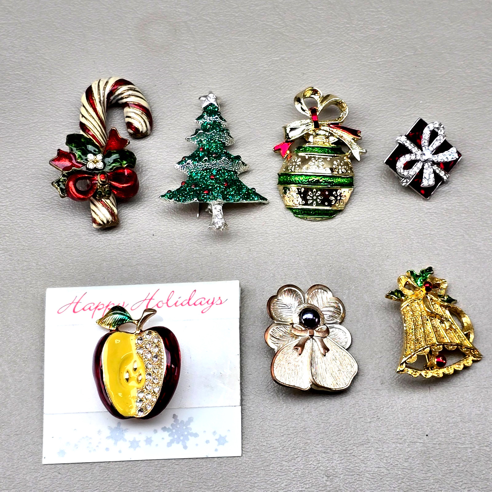 Vintage Christmas Brooch Lot Candy Cane Tree Ornament Bell Gift Jane Signed 6 Pc