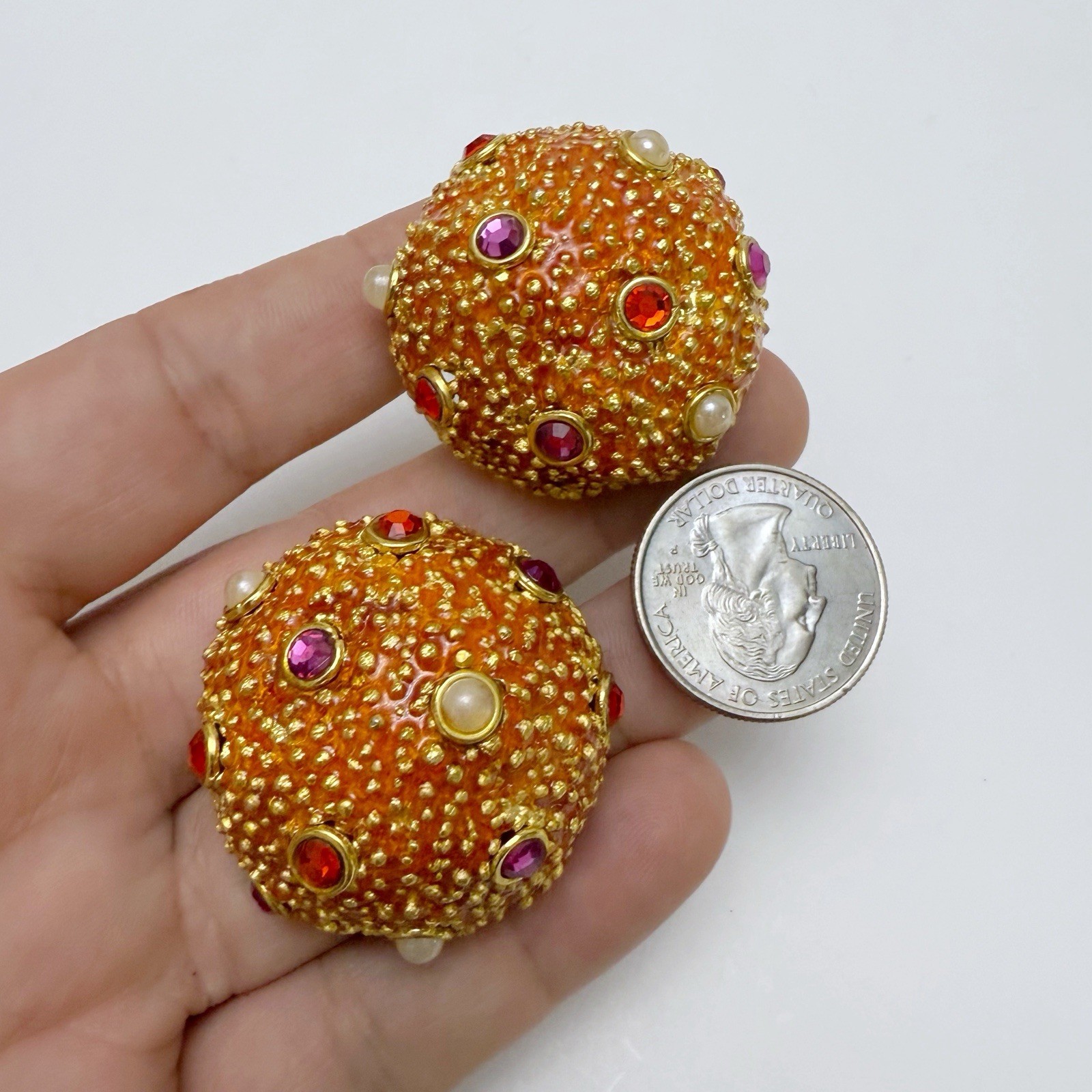 Vintage Sea Urchin Beachy Enamel Rhinestone Faux Pearl Round Clip On Earrings