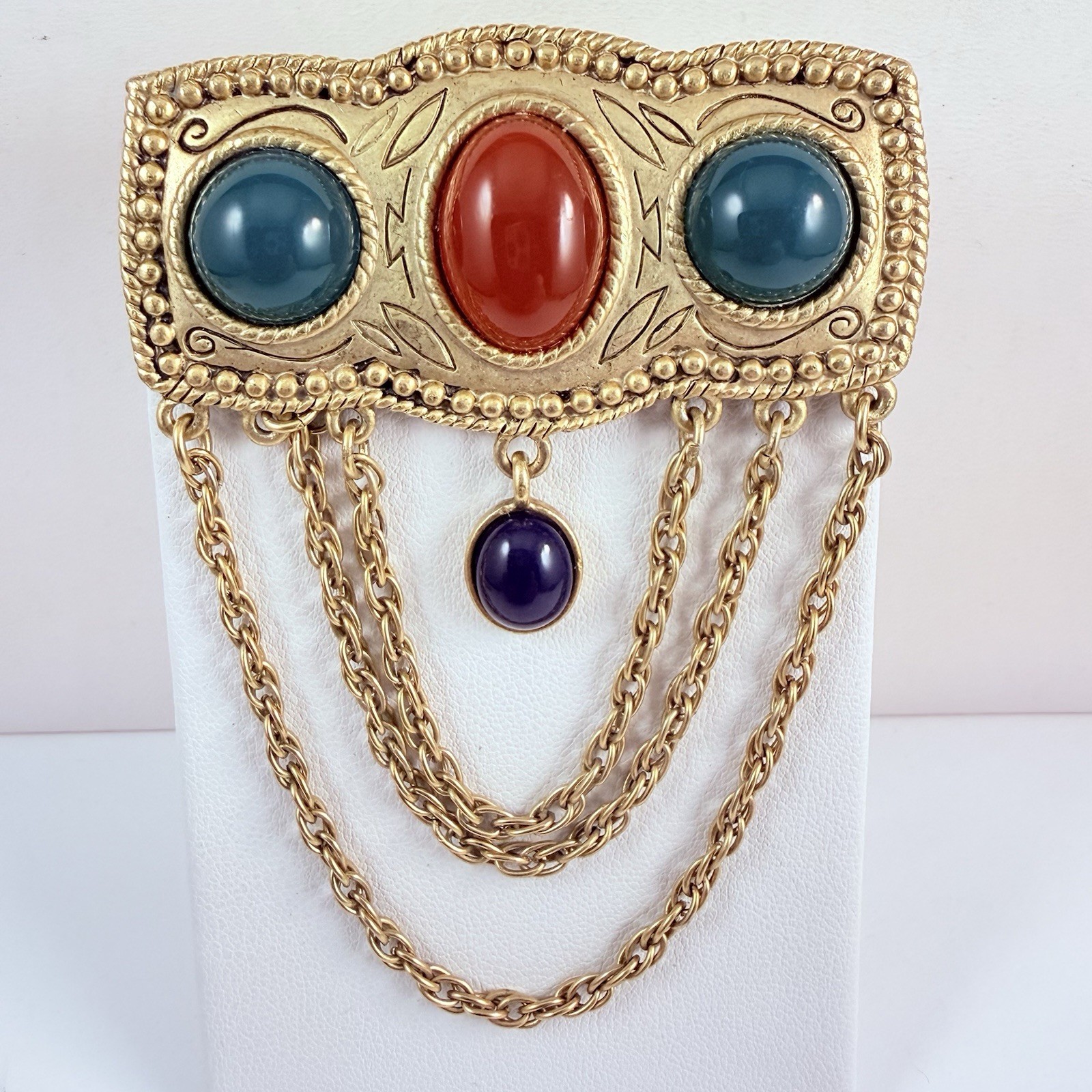 Vintage Faux Carnelian Jade Lucite Cabochons Gold Tone Brooch Costume Jewelry