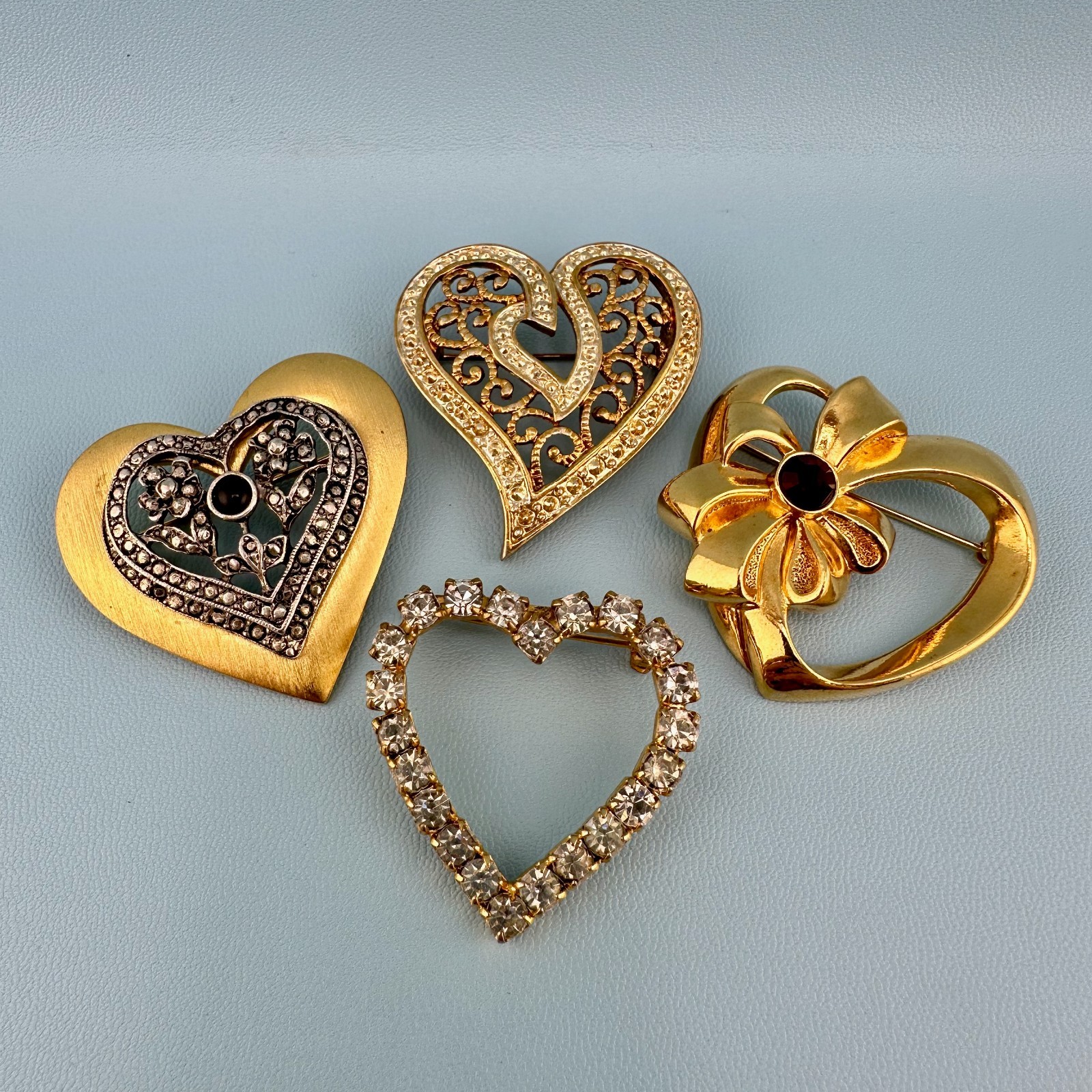 Vintage Heart Brooch Lot Gold Silver Tone Rhinestone Filigree Open Work Ribbon