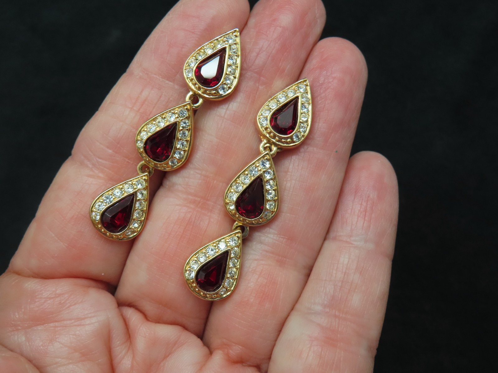 Vintage Gold Plated Red & White Dangle Drop Pierced Earrings