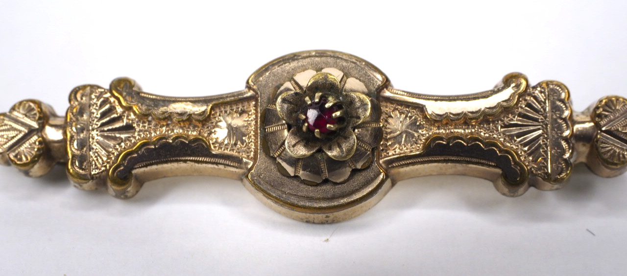 Antique brooch pin hollow rolled gold tube hinge C-clasp jewelry red stone