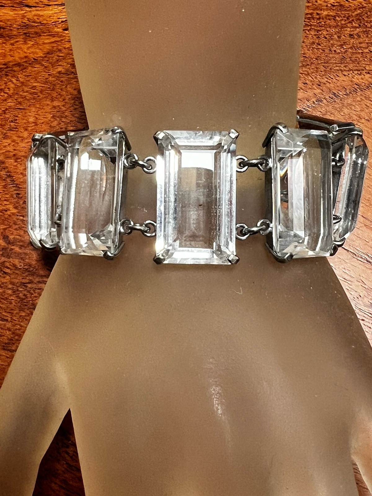 Japan Antique Art Deco Sterling Silver Rock Crystal Large Link Bracelet