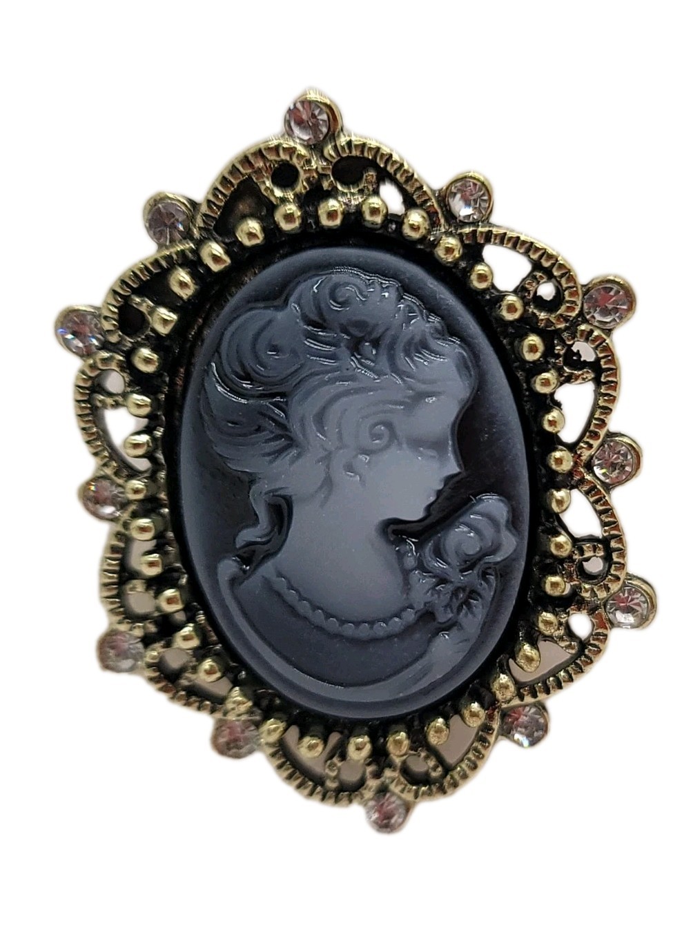 Vintage Victorian Style Cameo Brooch Pin Petite Black & Gray Rhinestone New