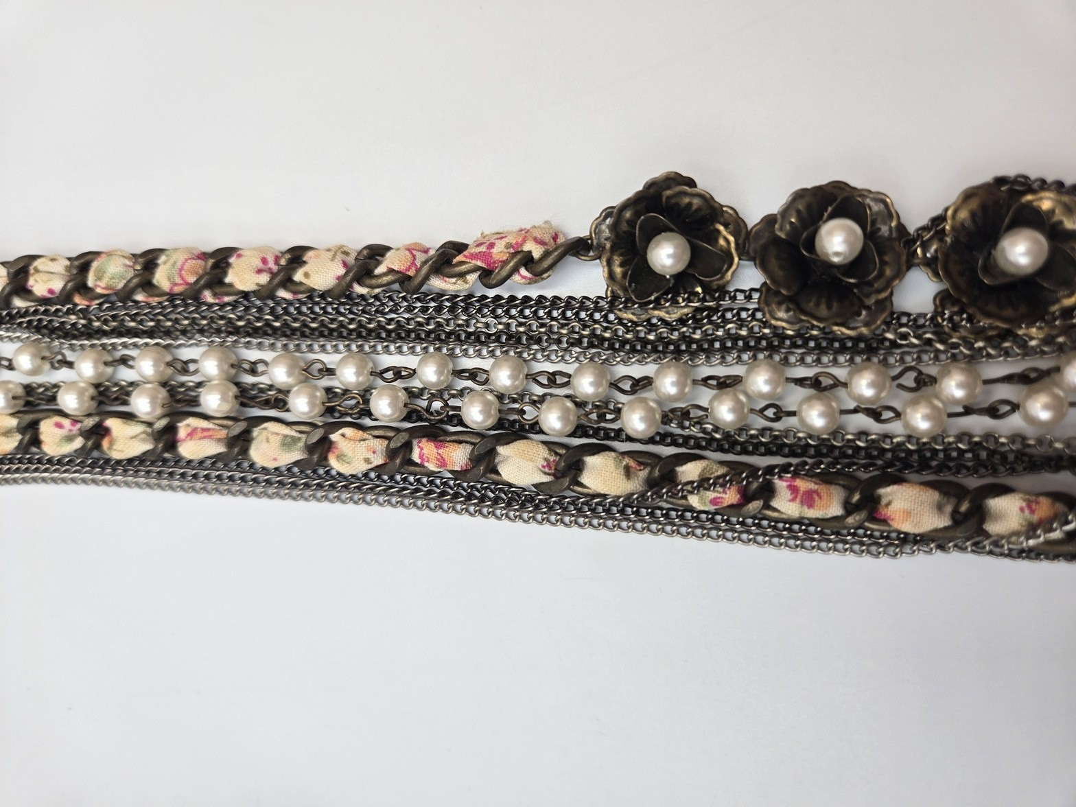 Multi-Strand vtg Bronze color Floral Fabric Pearl Chain Statement Necklace Boho